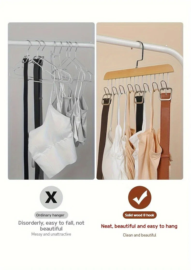 Organizador de Madeira Maciça – Cabide Multiuso com 8 Ganchos para Roupas e Acessórios