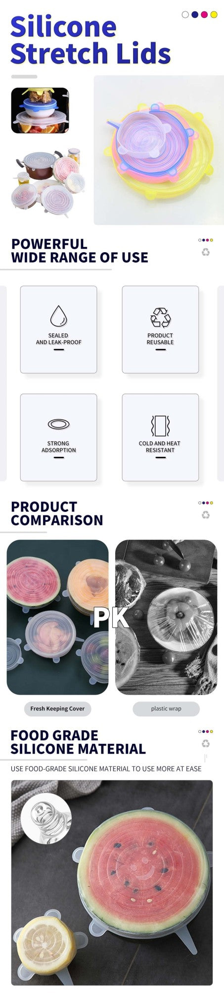 Tampas de Silicone Elásticas Reutilizáveis – Ajustáveis para Tigelas, Panelas e Alimentos