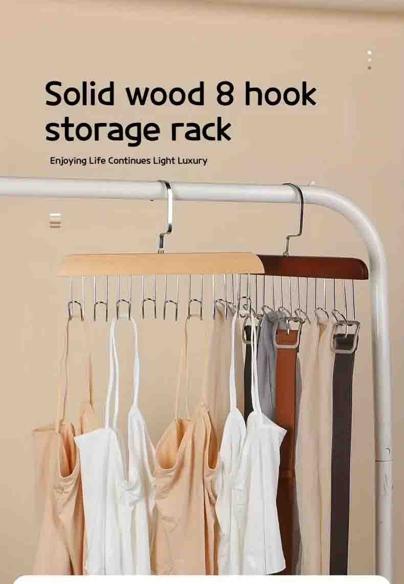 Organizador de Madeira Maciça – Cabide Multiuso com 8 Ganchos para Roupas e Acessórios