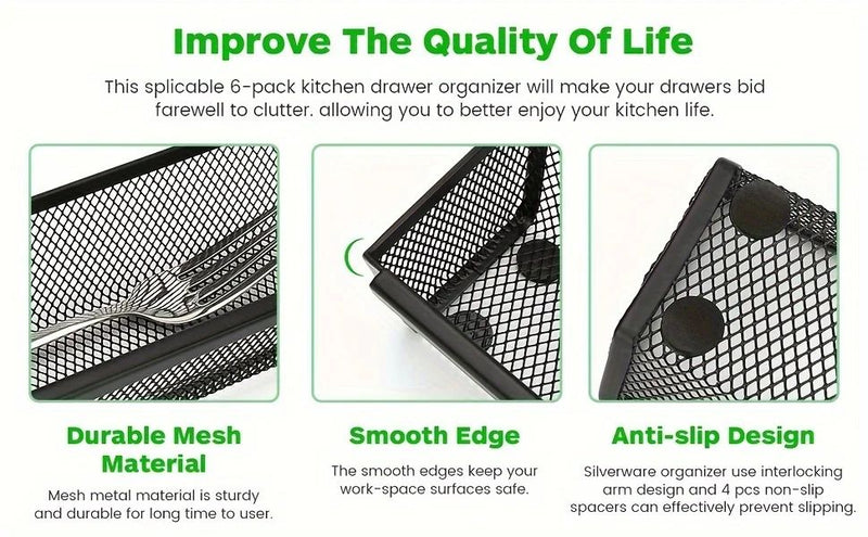 Organizador de Talheres e Utensílios – Bandeja de Gaveta Expansível em Metal Durável (6 Peças)